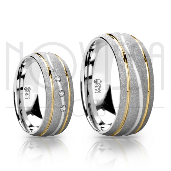 FO5057 - ALIANÇAS DE PRATA 950, COM/SEM SWAROVSKI, ACABAMENTO DIAMANTADO COM OURO 18K